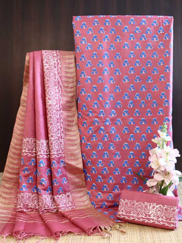 Handloom Block Printed Cotton Silk Salwar Kameez Dupatta Set-Onion Pink