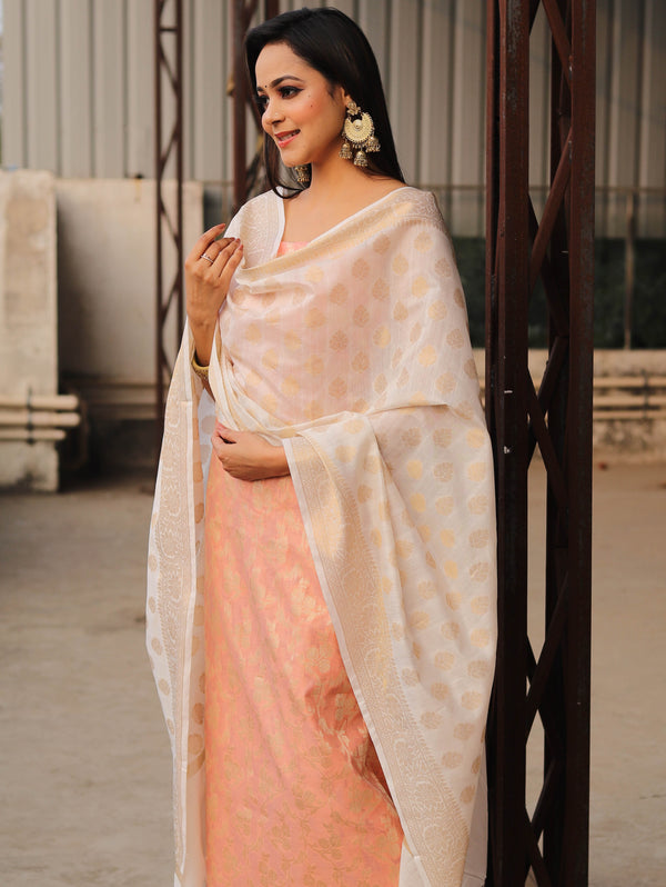 Banarasee Chanderi Cotton Salwar Kameez Set With Zari Work-Peach & White