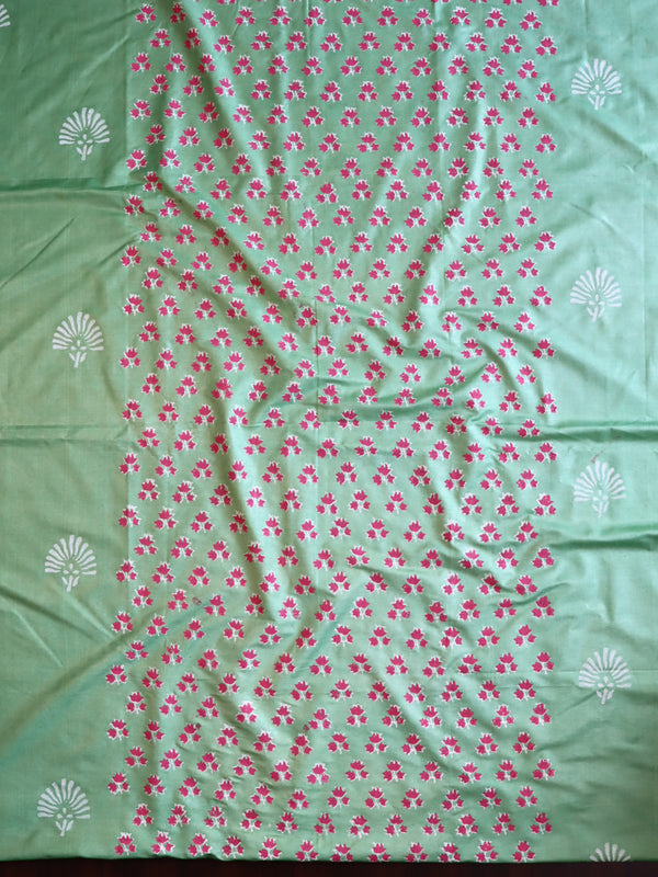 Handloom Block Printed Cotton Silk Salwar Kameez Dupatta Set-Light Green