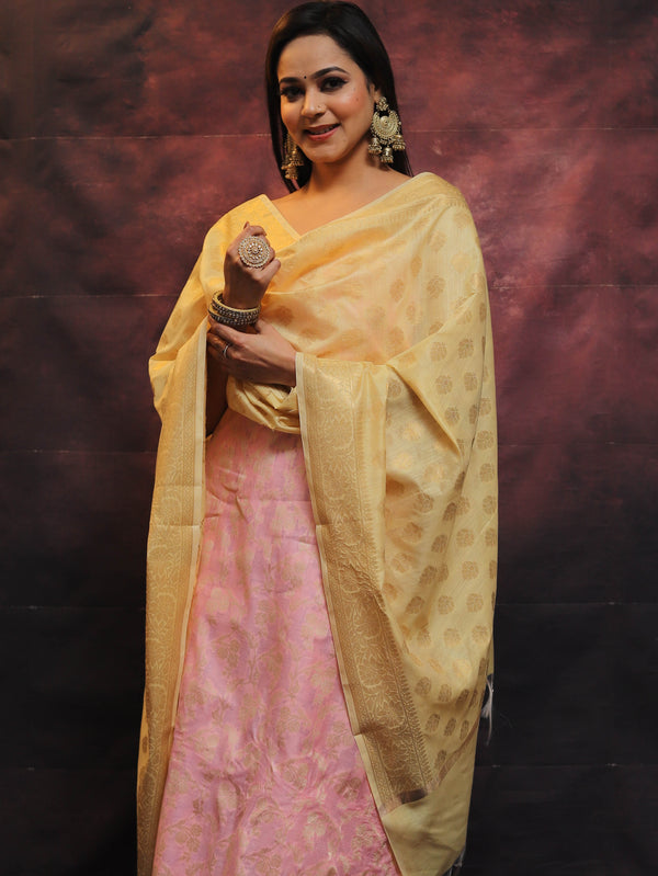 Banarasee Chanderi Cotton Salwar Kameez Set With Zari Work-Pink & Yellow