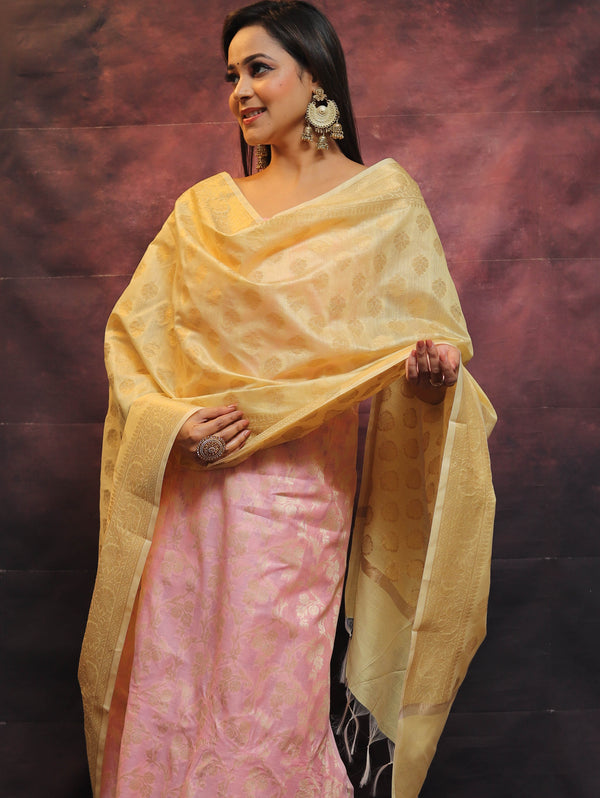 Banarasee Chanderi Cotton Salwar Kameez Set With Zari Work-Pink & Yellow