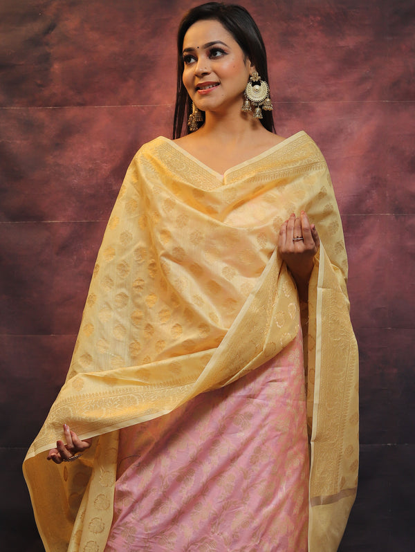 Banarasee Chanderi Cotton Salwar Kameez Set With Zari Work-Pink & Yellow