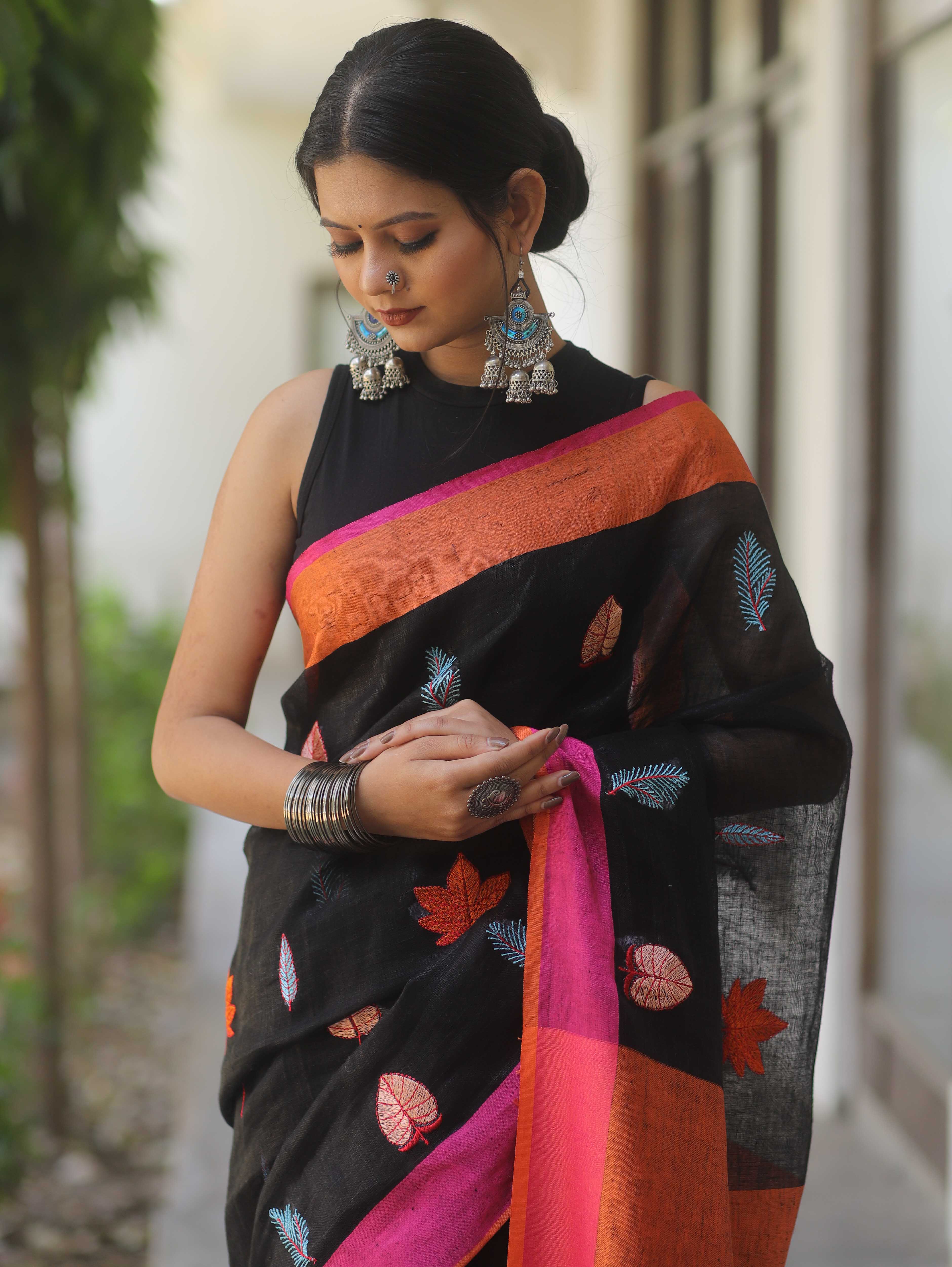 Bhagalpur Handloom Linen Saree With Embroidered Buta Design-Black
