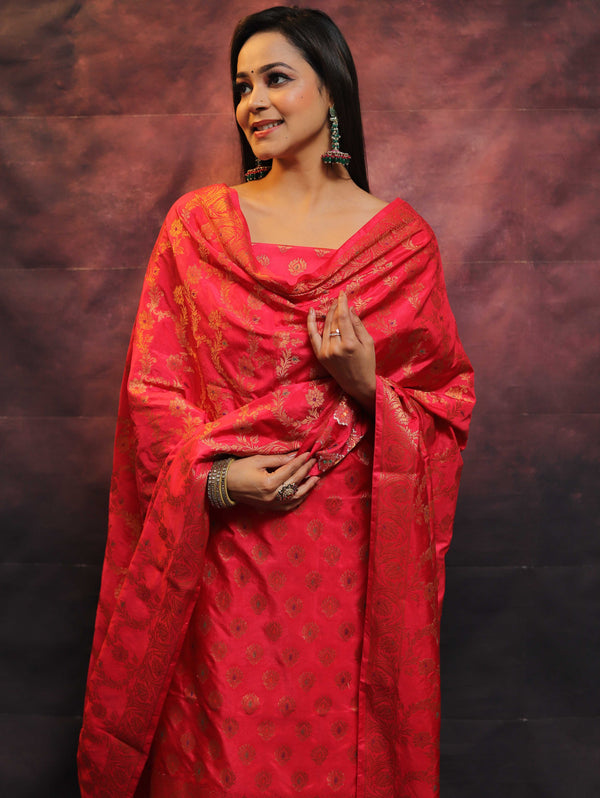 Banarasee Salwar Kameez Semi Katan Silk Fabric With Zari Work-Red