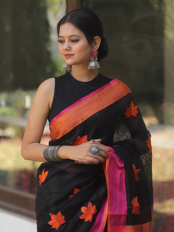Bhagalpur Handloom Linen Saree With Embroidered Buta Design-Black
