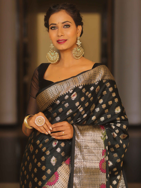 Banarasee Cotton Silk Zari Border & Buta Saree-Black