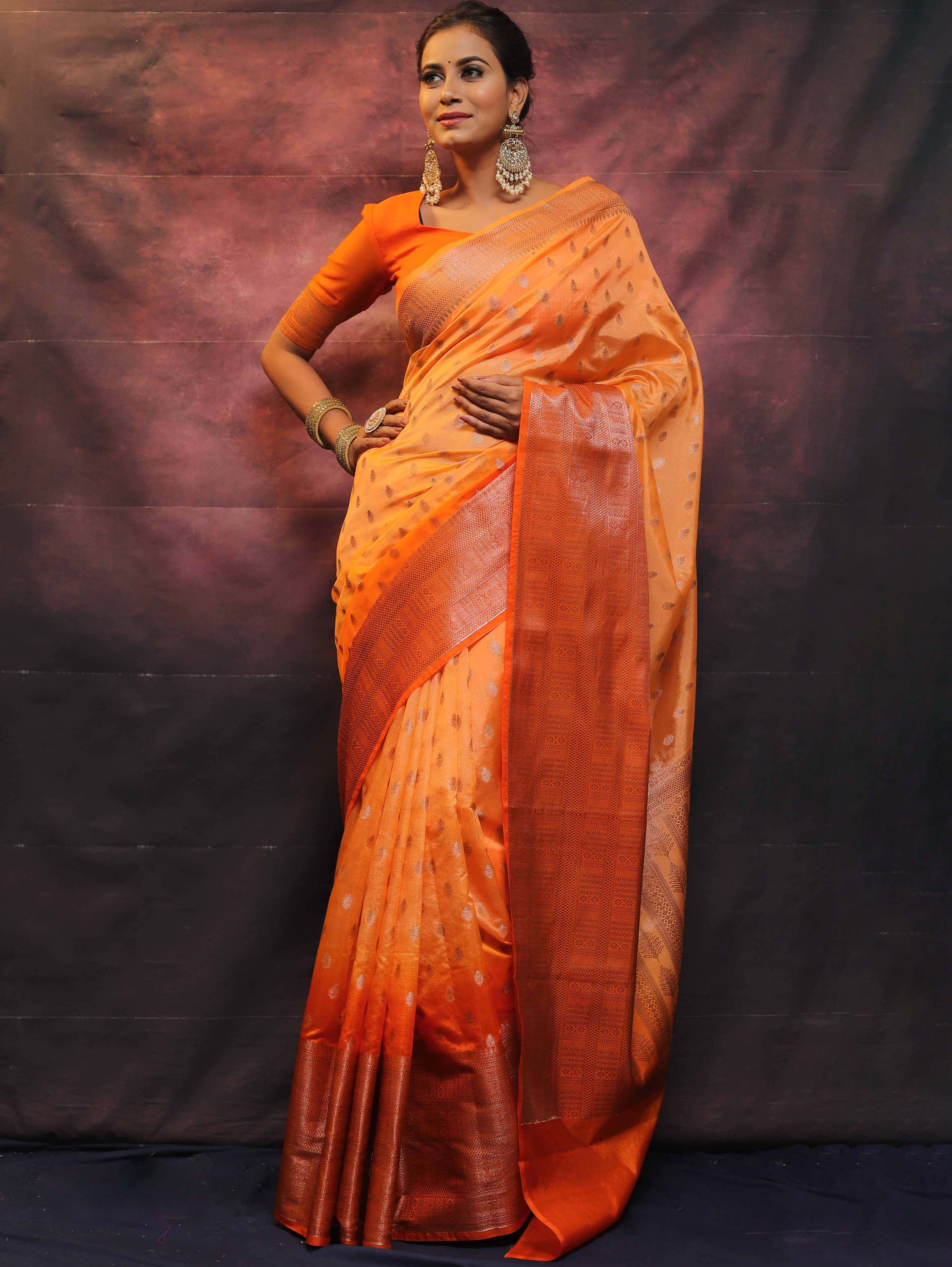 Banarasee Handwoven Dual Color Semi Silk Saree With Zari Work-Orange