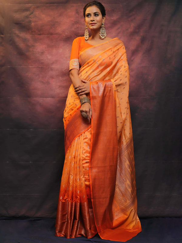 Banarasee Handwoven Dual Color Semi Silk Saree With Zari Work-Orange