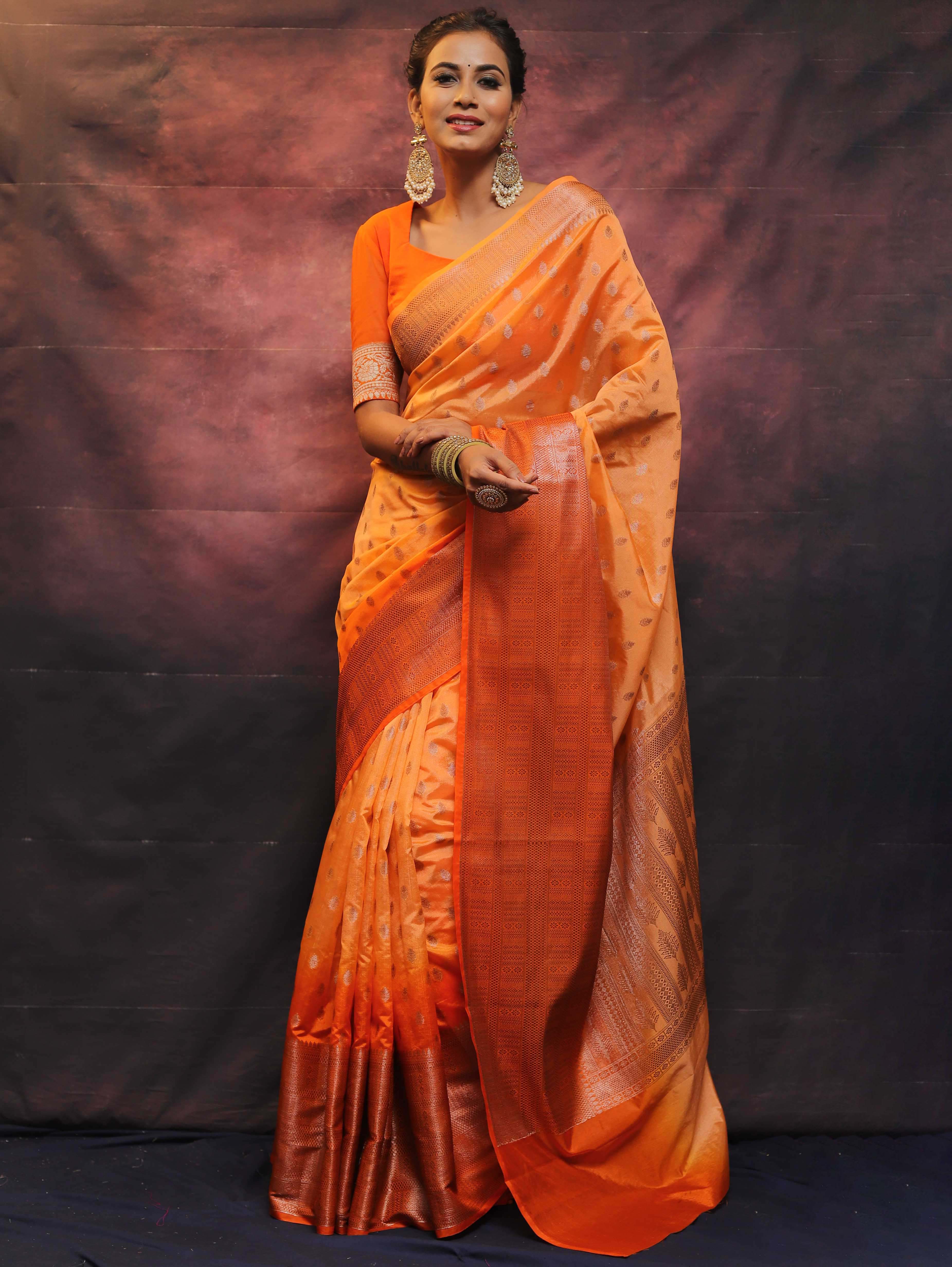 Banarasee Handwoven Dual Color Semi Silk Saree With Zari Work-Orange
