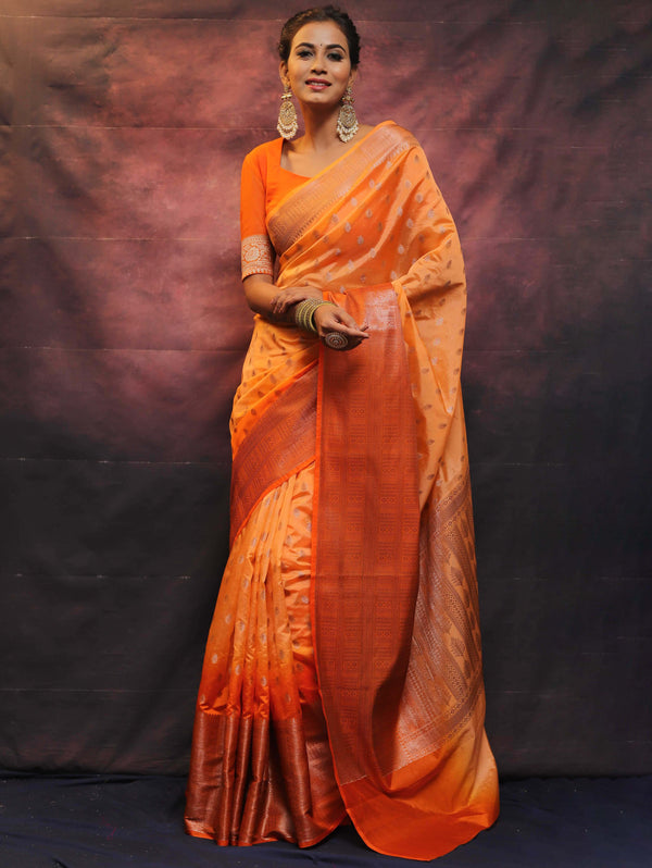 Banarasee Handwoven Dual Color Semi Silk Saree With Zari Work-Orange