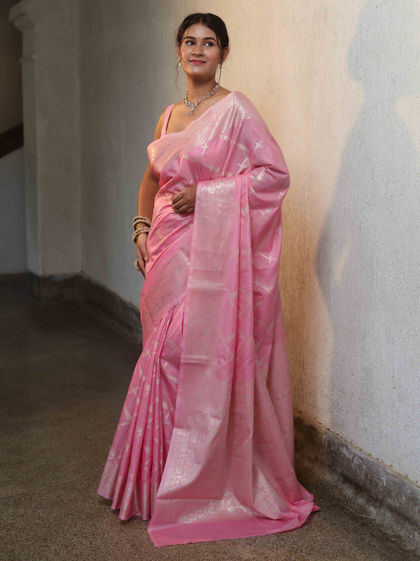 Banarasee Handwoven Semi Silk Saree With Silver Zari Jaal Design-Baby Pink
