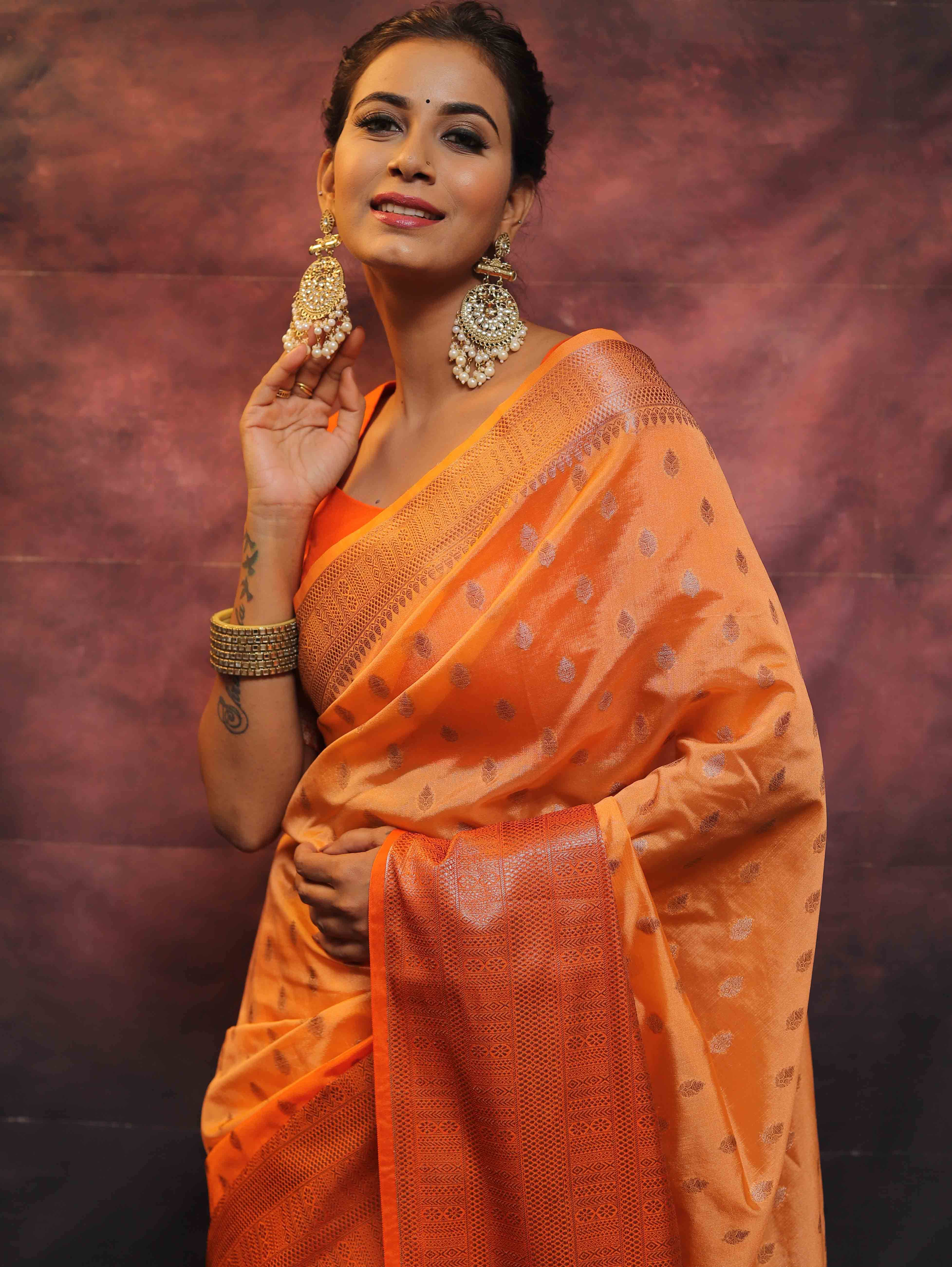 Banarasee Handwoven Dual Color Semi Silk Saree With Zari Work-Orange
