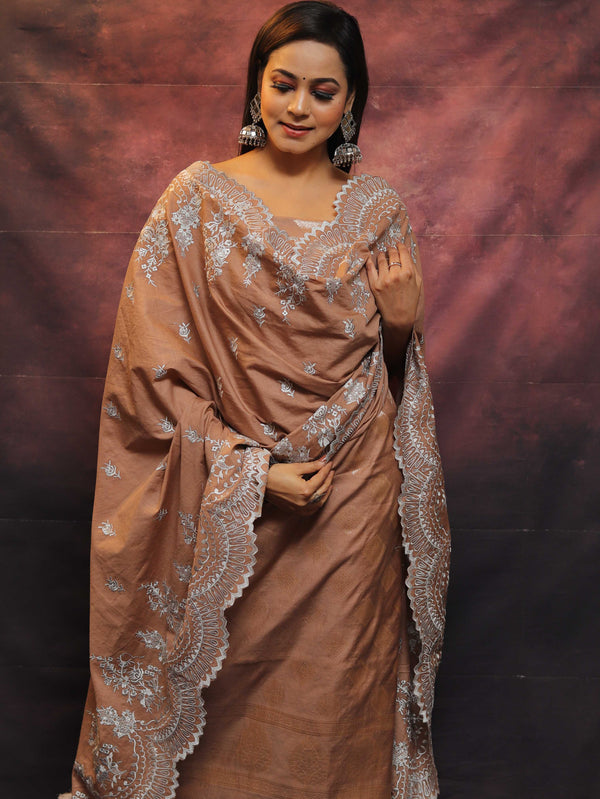Banarasee Chanderi Cotton Salwar Kameez With Dupatta Set-Brown