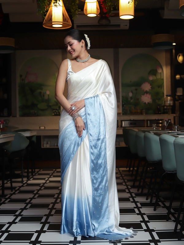 Banarasee Handloom Satin Hand Dyed Saree With Mirror Work-Light Yellow & Light Blue