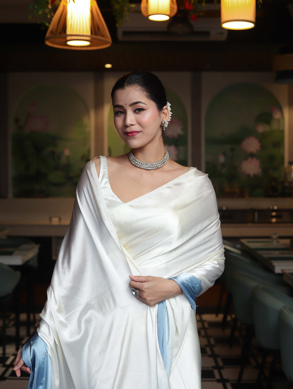 Banarasee Handloom Satin Hand Dyed Saree With Mirror Work-Light Yellow & Light Blue