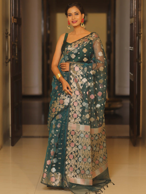 Banarasee Kora Muslin Saree With Zari Jamdani Weaving-Green