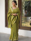Handloom Maheshwari Silk Bagru Block Printed Mirror Work Saree-Henna Green