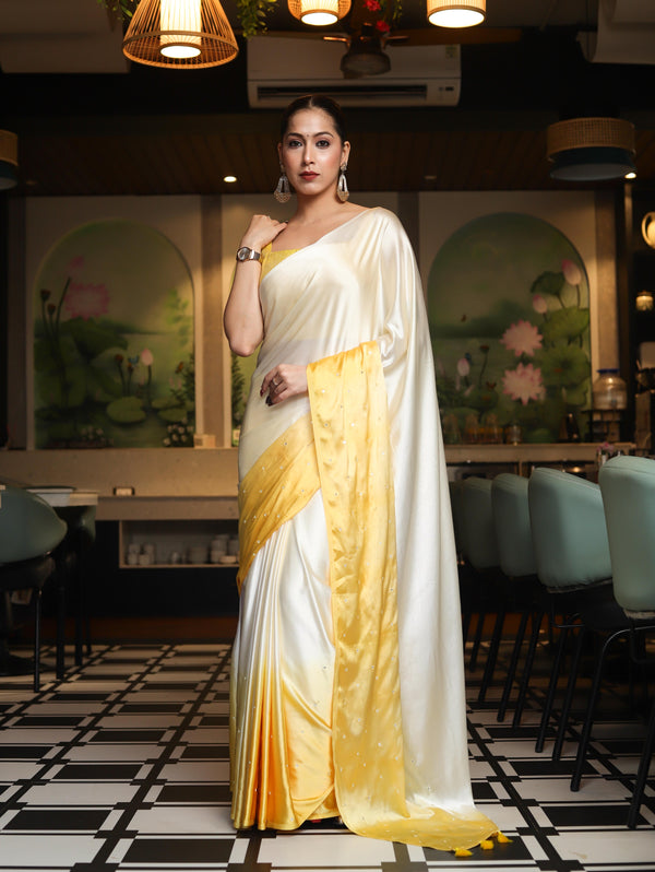 Banarasee Handloom Satin Hand Dyed Saree With Mirror Work-Yellow(Dual Tone)