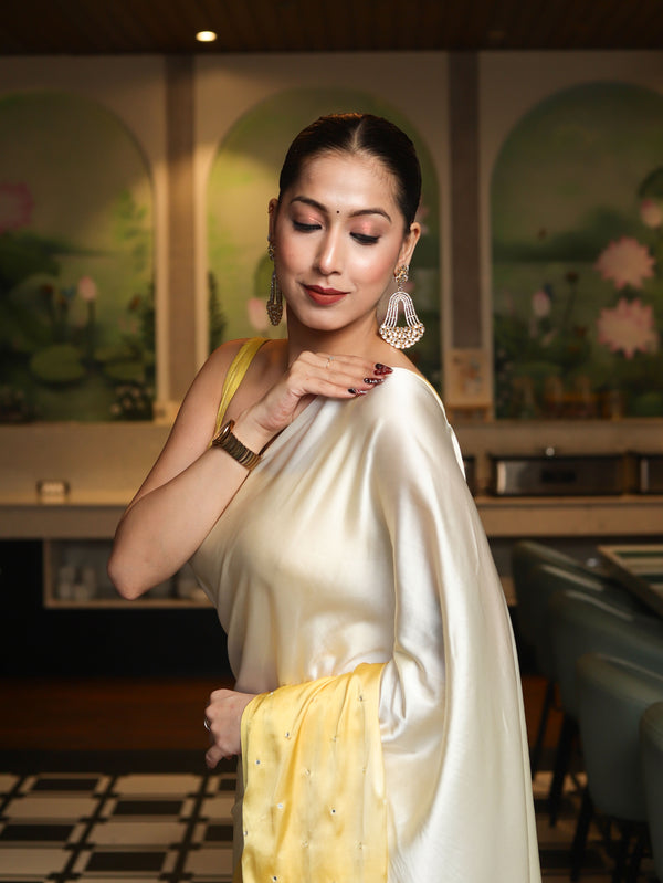 Banarasee Handloom Satin Hand Dyed Saree With Mirror Work-Yellow(Dual Tone)