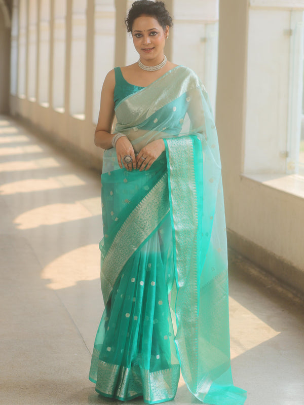 Banarasee Organza Saree With Silver Zari Design & Dual Color-Green