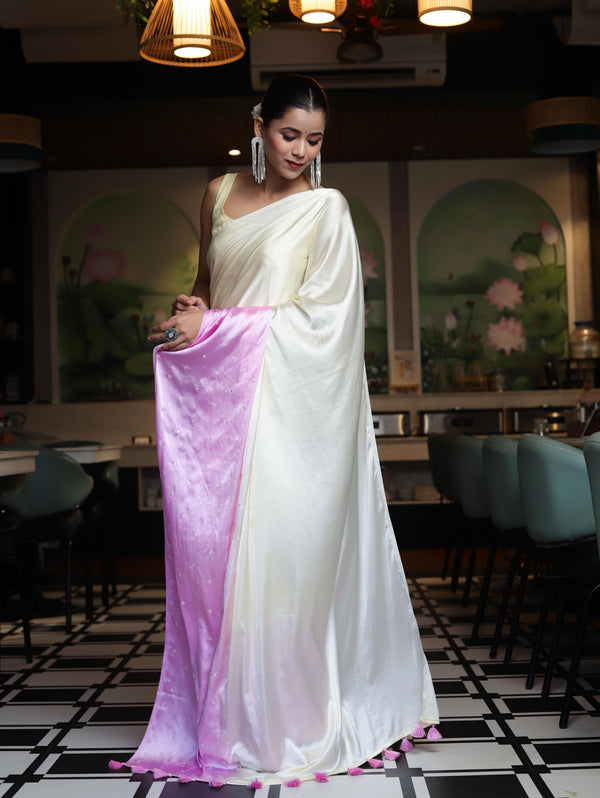 Banarasee Handloom Satin Hand Dyed Saree With Mirror Work-Light Yellow & Light Pink