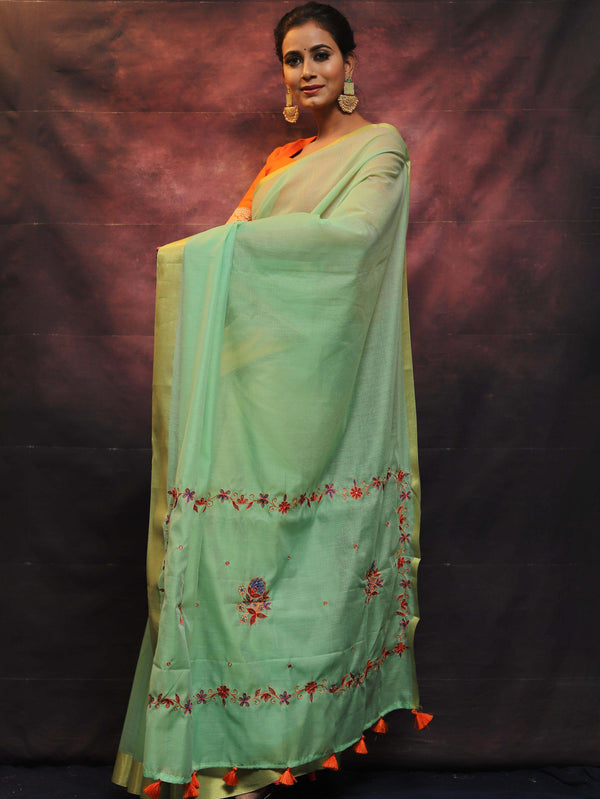 Banarasee Chanderi Cotton Hand-Embroidered Saree-Green