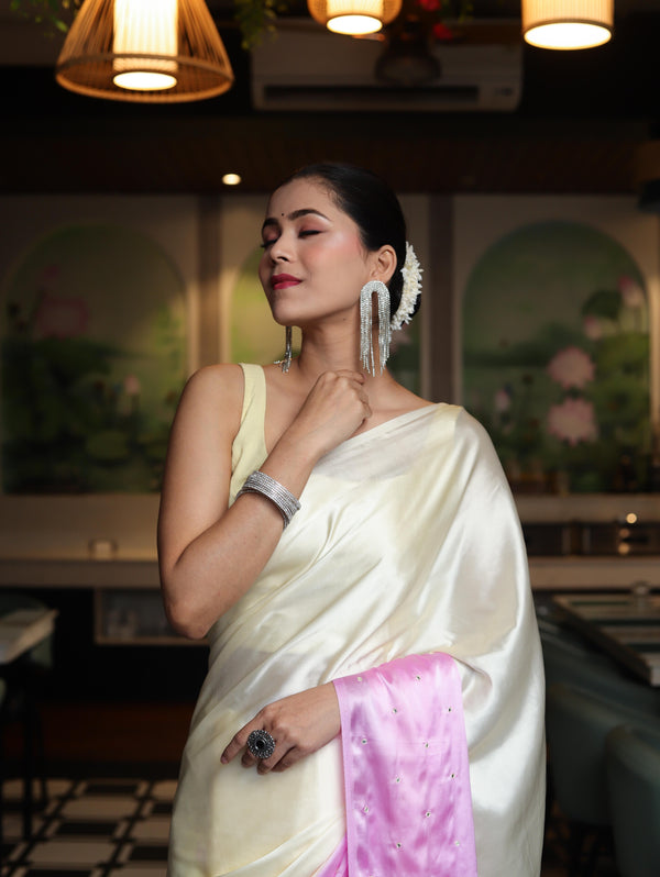 Banarasee Handloom Satin Hand Dyed Saree With Mirror Work-Light Yellow & Light Pink