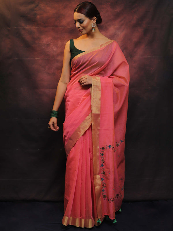 Banarasee Chanderi Cotton Hand-Embroidered Saree-Pink