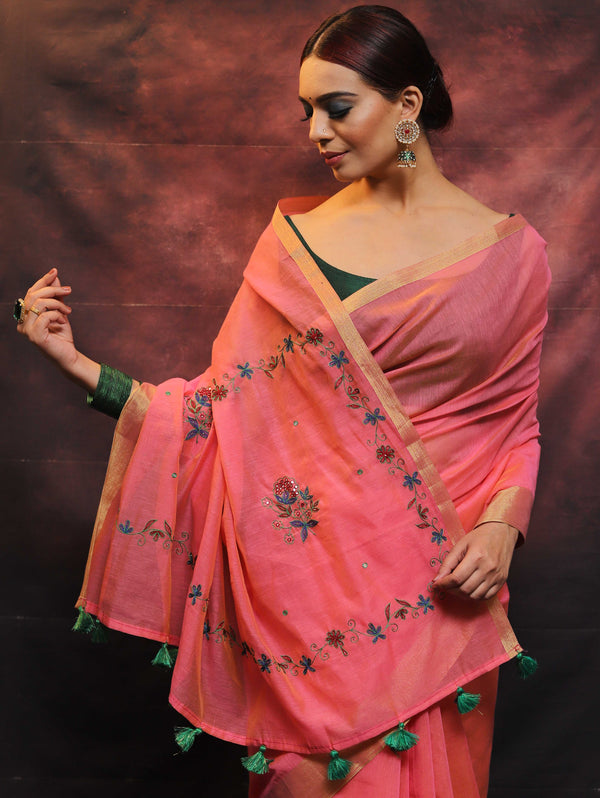 Banarasee Chanderi Cotton Hand-Embroidered Saree-Pink