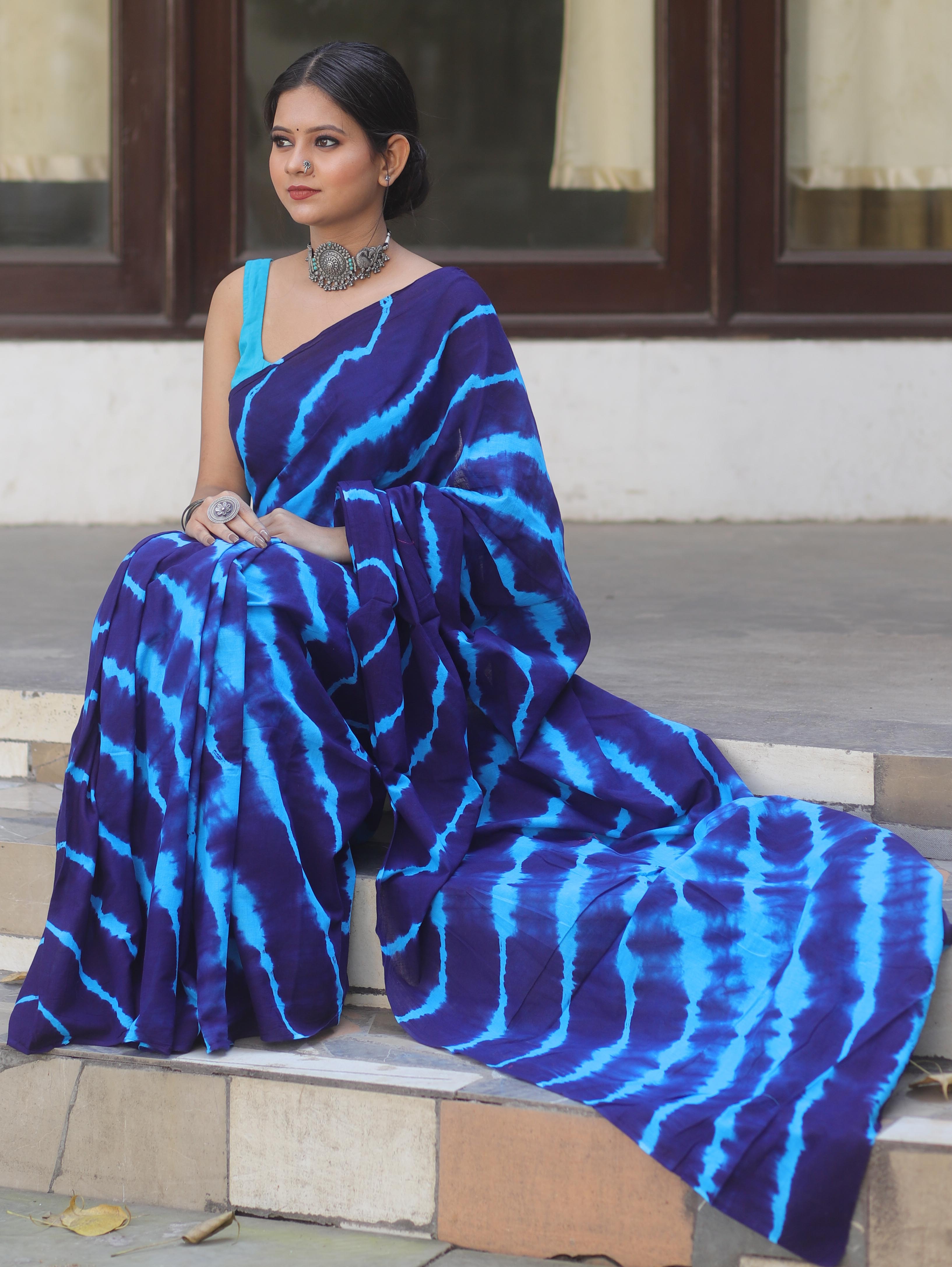 Handloom Mul Cotton Shibori Dyed Saree-Blue