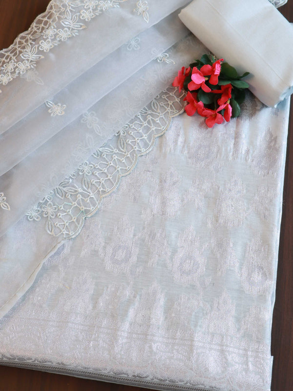 Banarasee Silver Zari Jaal Salwar Kameez With Embroidered Dupatta-Grey