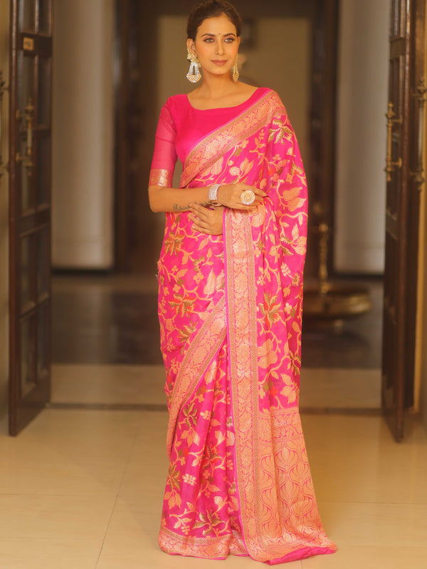 Banarasee Pure Chiffon Saree With Resham Zari Work-Pink