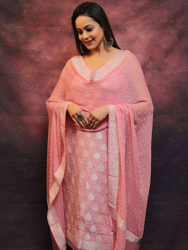 Banarasee Handloom Pure Chiffon Silk Kameez Fabric With Silver Zari Buta Dupatta-Pink
