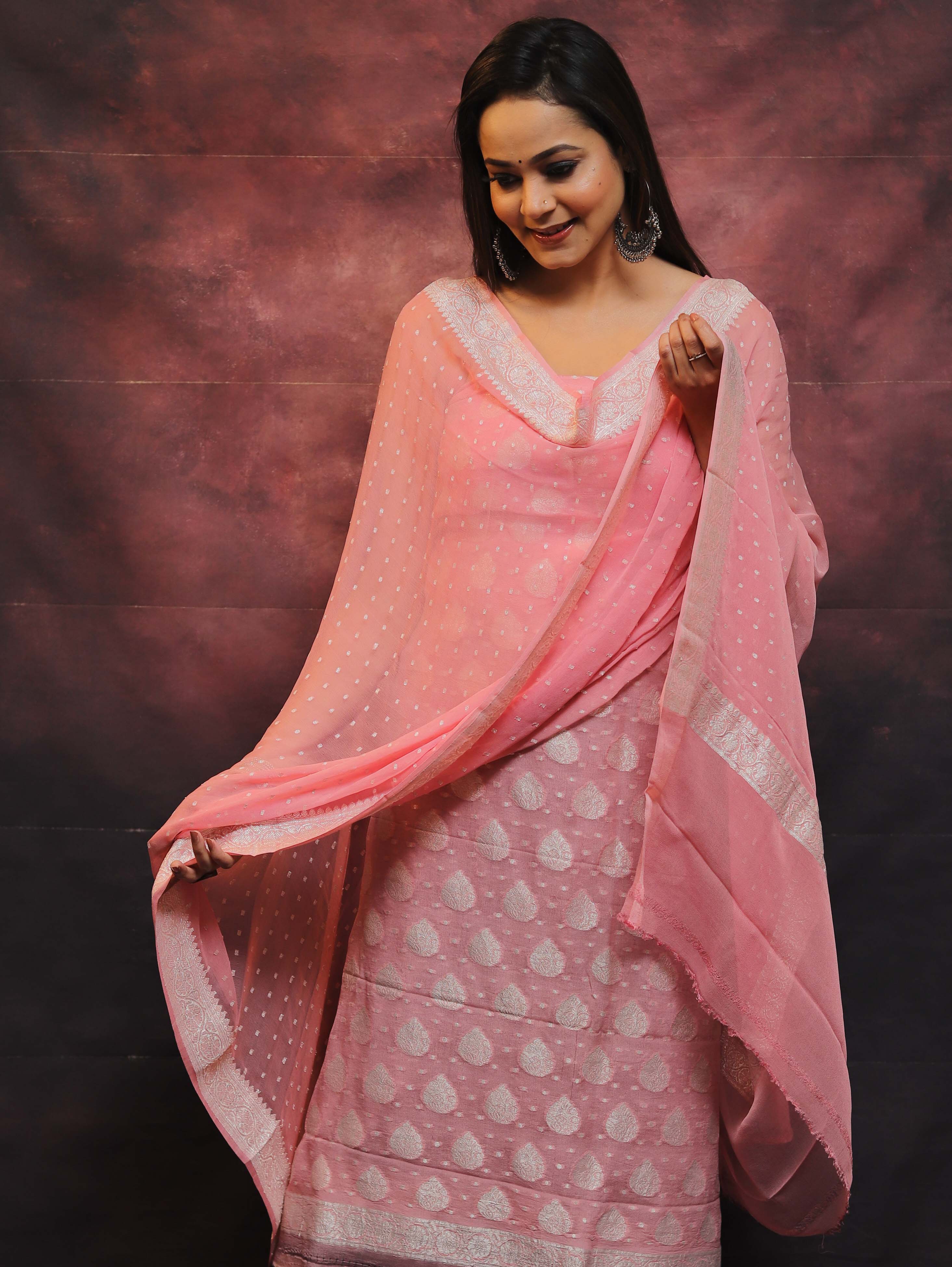 Banarasee Handloom Pure Chiffon Silk Kameez Fabric With Silver Zari Buta Dupatta-Pink