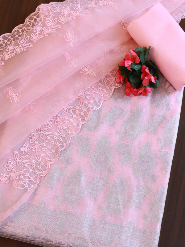 Banarasee Silver Zari Jaal Salwar Kameez With Embroidered Dupatta-Pink