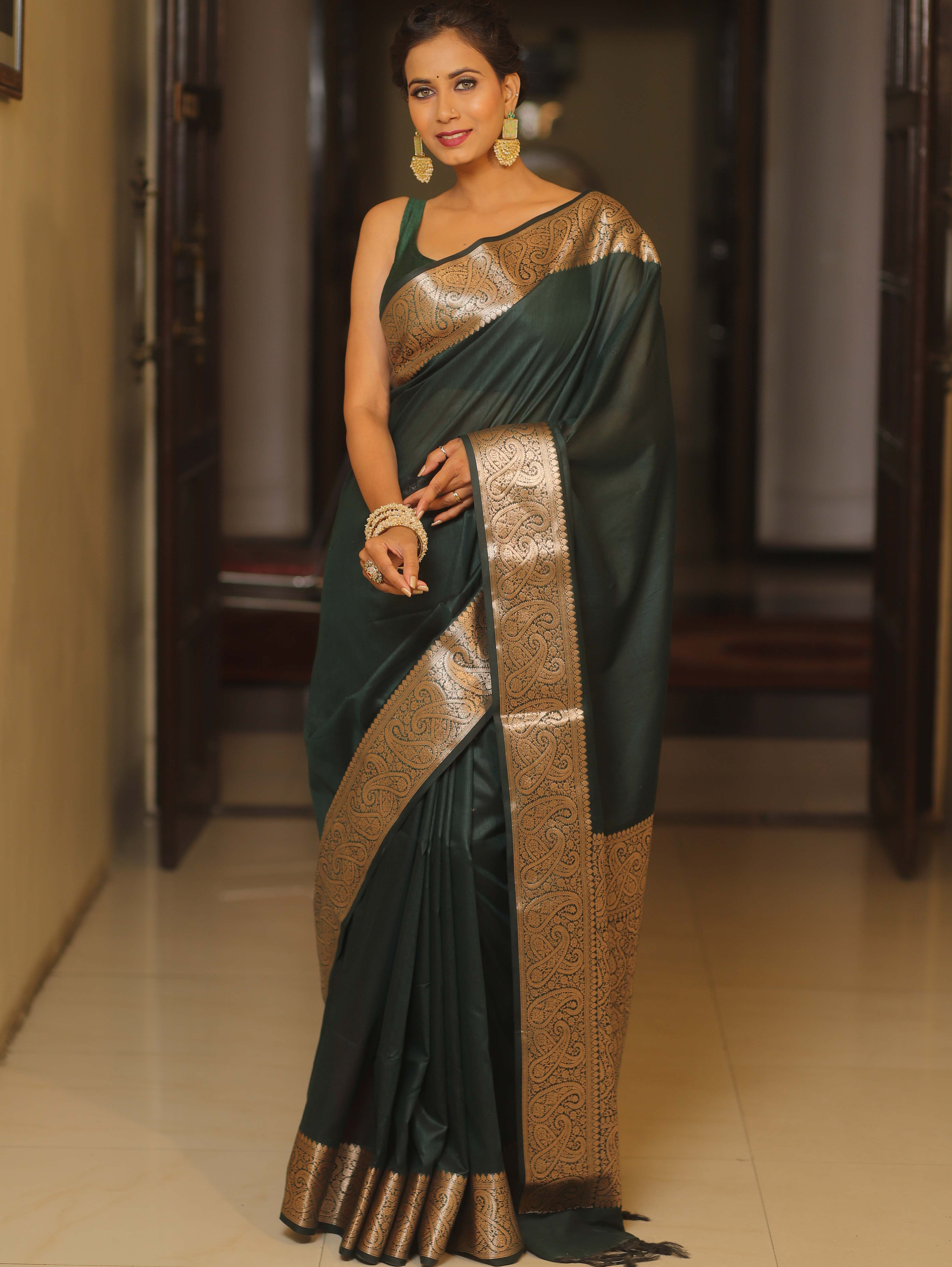 Banarasee Cotton Silk Plain Body Saree With Gold Zari Border-Green