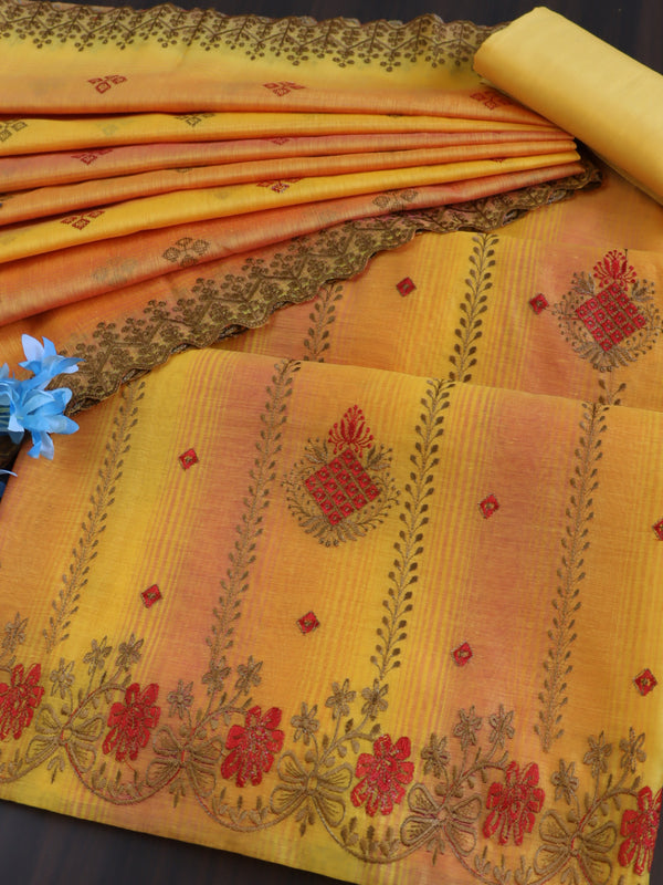 Banarasee Chanderi Cotton Embroidered Salwar Kameez With Dupatta Set-Yellow