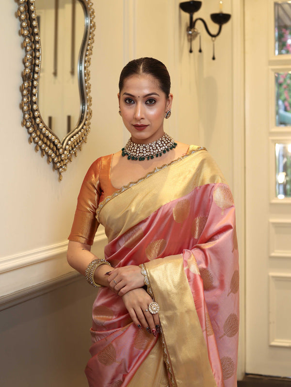 Banarasee Handwoven Semi Silk Saree With Zari Buta Design & Lace-Peach