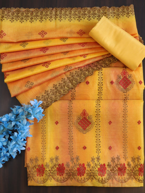 Banarasee Chanderi Cotton Embroidered Salwar Kameez With Dupatta Set-Yellow