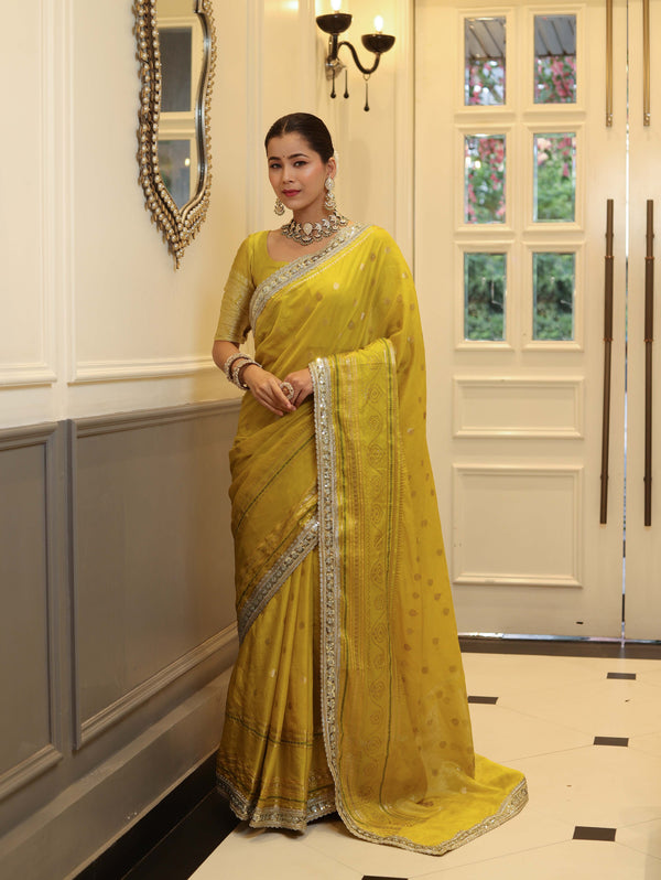 Banarasee Handwoven Semi Silk Saree With Buti Design Zari Border & Lace-Lemon Yellow