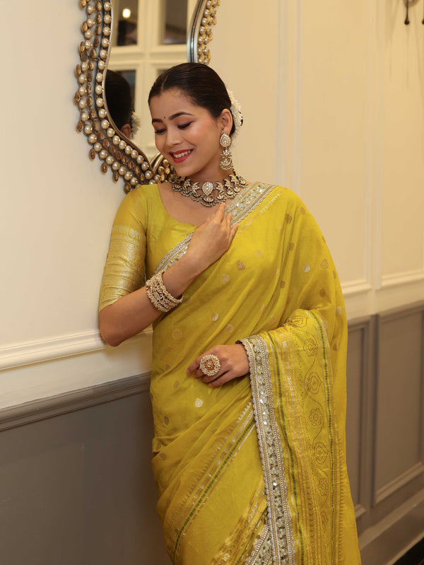 Banarasee Handwoven Semi Silk Saree With Buti Design Zari Border & Lace-Lemon Yellow