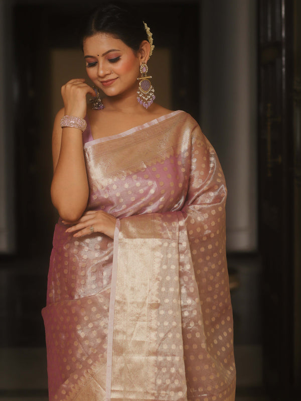 Banarasee Handwoven Tissue Saree With Zari Buta-Lavender