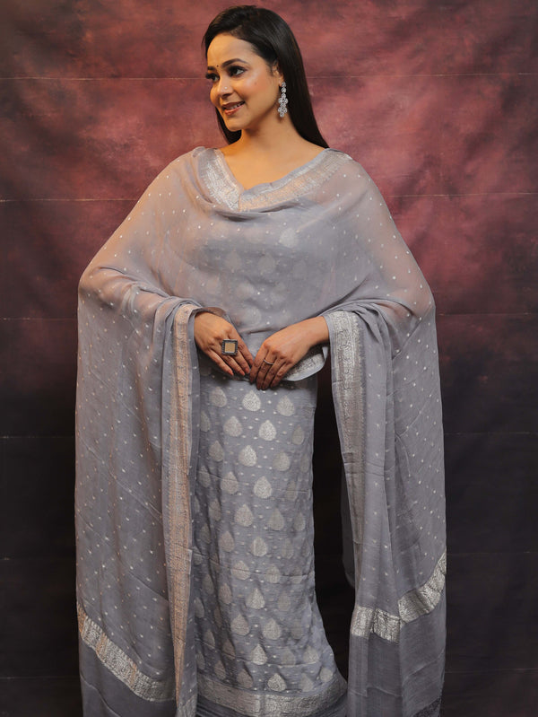 Banarasee Handloom Pure Chiffon Silk Kameez Fabric With Silver Zari Buta Dupatta-Grey