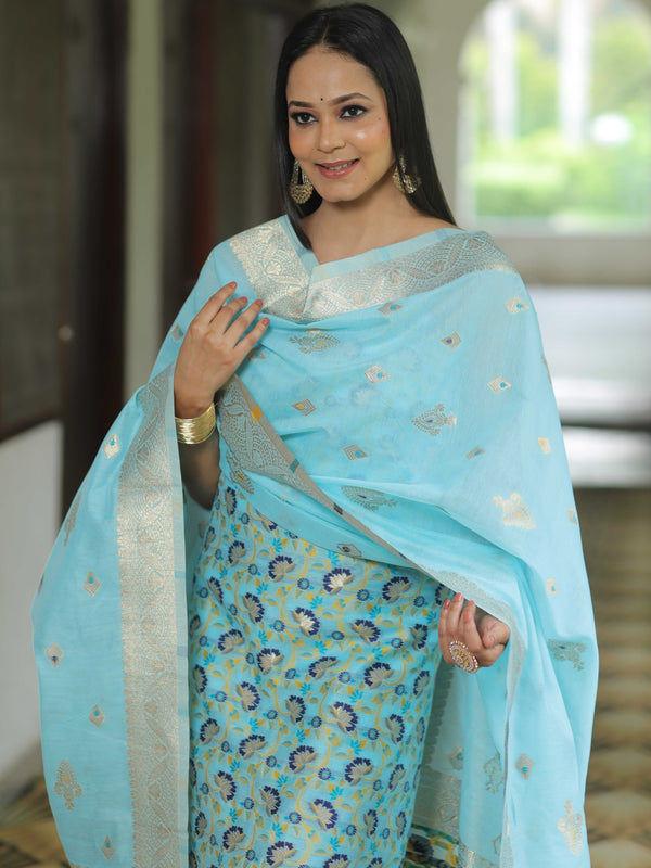 Banarasee Handloom Chanderi Salwar Kameez Fabric With Meena & Zari Design-Light Blue