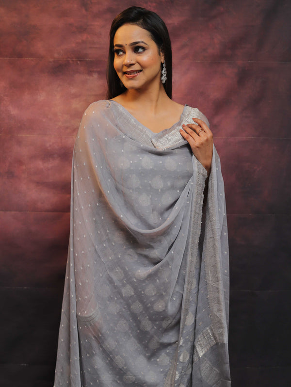 Banarasee Handloom Pure Chiffon Silk Kameez Fabric With Silver Zari Buta Dupatta-Grey
