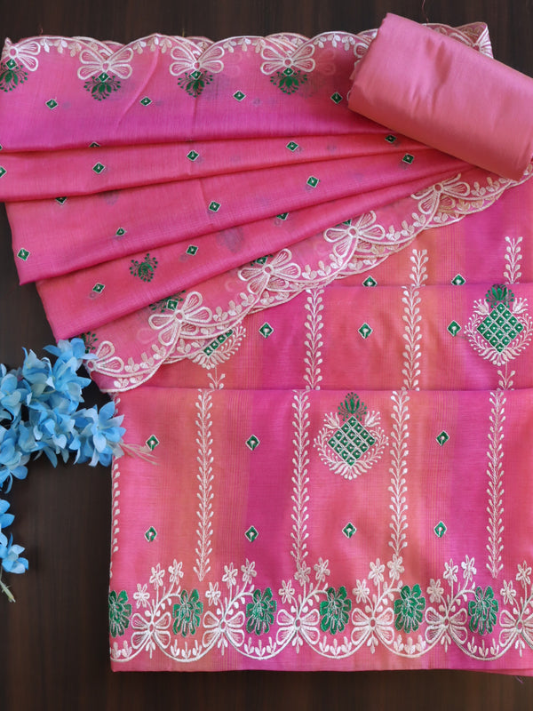 Banarasee Chanderi Cotton Embroidered Salwar Kameez With Dupatta Set-Pink
