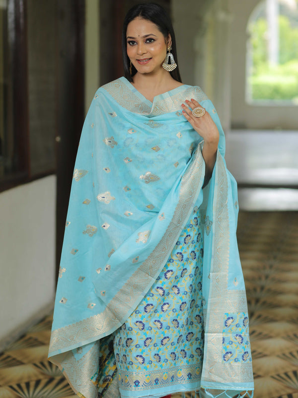 Banarasee Handloom Chanderi Salwar Kameez Fabric With Meena & Zari Design-Light Blue