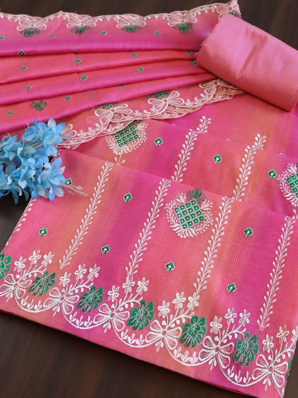 Banarasee Chanderi Cotton Embroidered Salwar Kameez With Dupatta Set-Pink