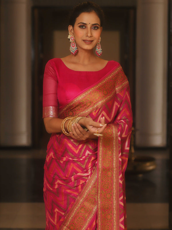 Banarasee Pure Chiffon Saree Zig-Zag Zari Design-Pink