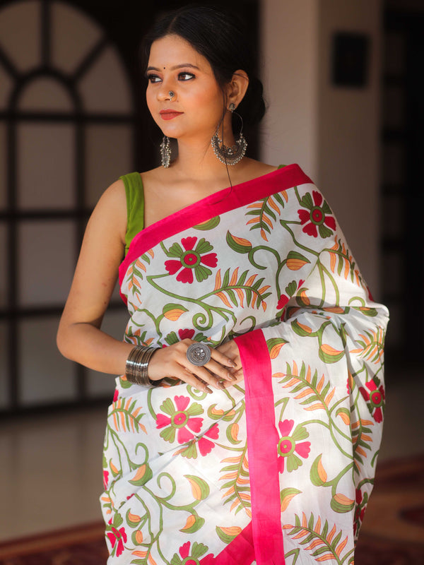Handloom Mul Cotton Hand-Block Print Saree-White
